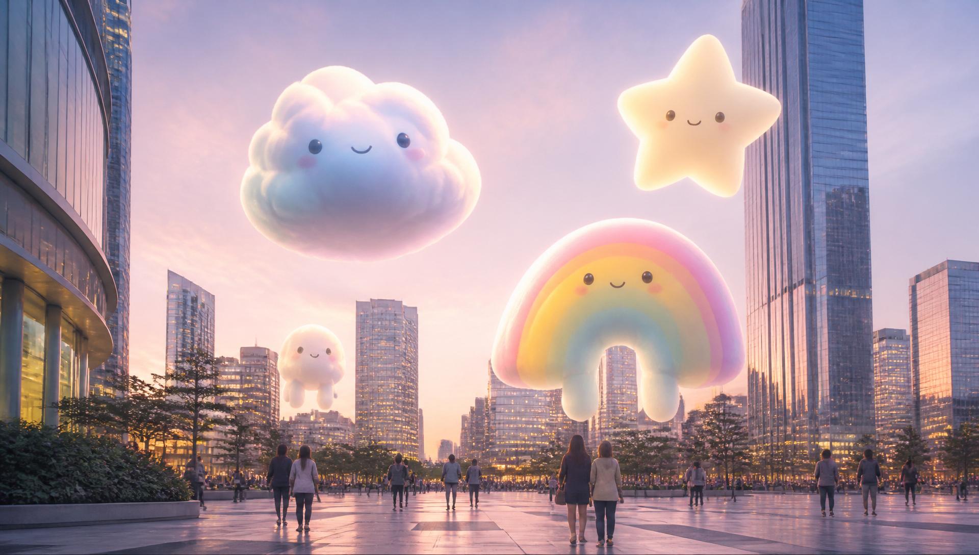 Floating FLOATHINGS characters above a modern city plaza